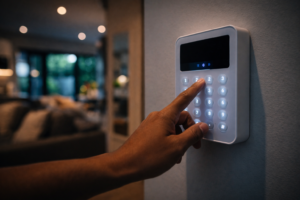 Smart home devices including hub, lights and speaker on a desk